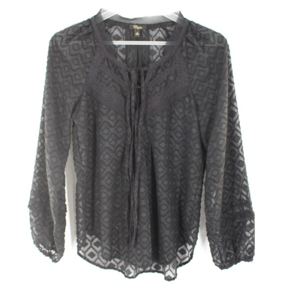 Cupio Blouse Sheer Geometric Burnout Tie Neck‎ Size S Black